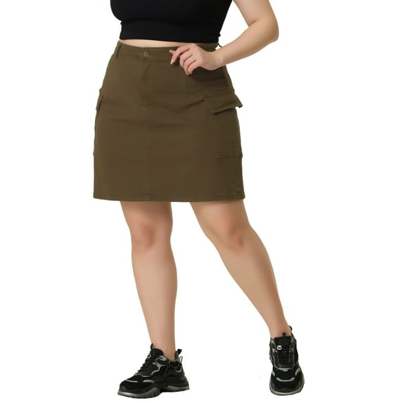 Plus Size Skirt for Women A Line Causal Above Knee Zip Front Flare Skirts 2025 1X Brown
