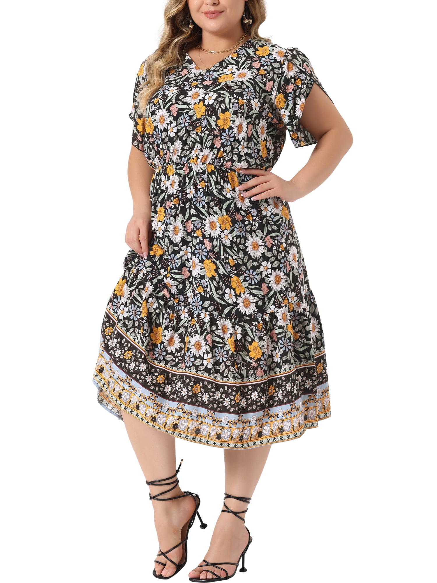 Agnes Orinda Women's Plus Size V Neck Short Sleeves Floral Summer Beach ...