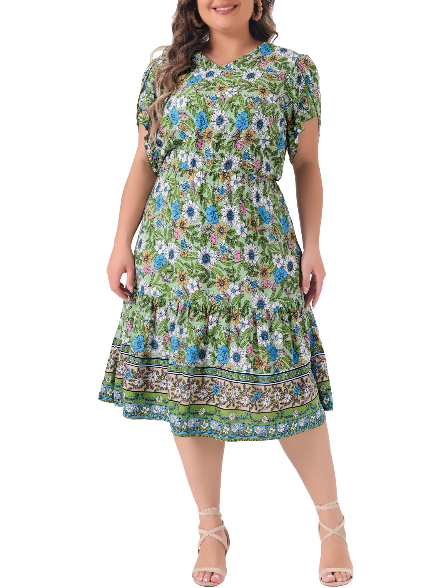 Agnes Orinda Plus Size Boho Summer Dress - Flared Midi Sun Dress With Short Sleeves For Women