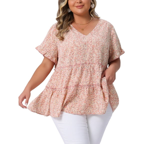 Agnes Orinda Women's Plus Size Top Boho Floral V Neck Ruffle Sleeves Tiered Babydoll Blouses 2X Pink White