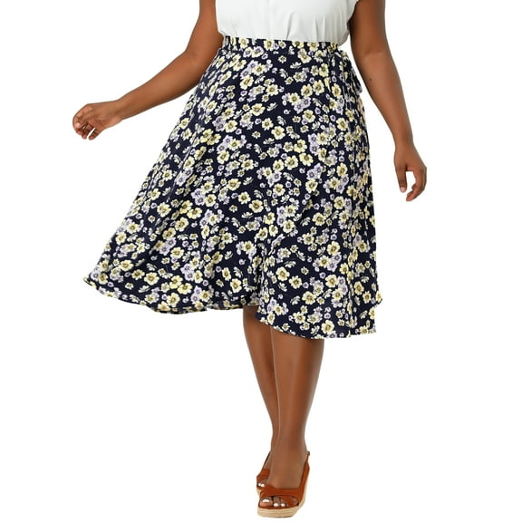 Agnes Orinda Women's Plus Size Boho Floral Wrap Skirts a Line Midi Chic Ruffled Hem High Waisted Skirt 4X Dark Blue