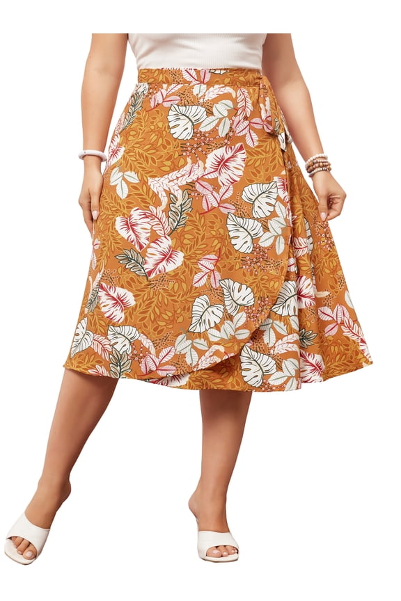 Women's Plus Size Boho Floral Wrap Skirts a Line Midi Chic Ruffled Hem High Waisted Skirt 4X Orange