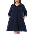 thumbnail image 1 of Agnes Orinda Women's Plus Size Summer Dress Eyelet Hollow Out Notched Neck 3/4 Sleeve Casual Midi Dress with Pockets 1X Dark Blue, 1 of 5