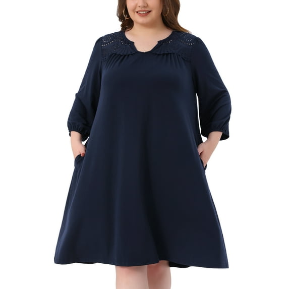 Agnes Orinda Women's Plus Size Summer Dress Eyelet Hollow Out Notched Neck 3/4 Sleeve Casual Midi Dress with Pockets 1X Dark Blue