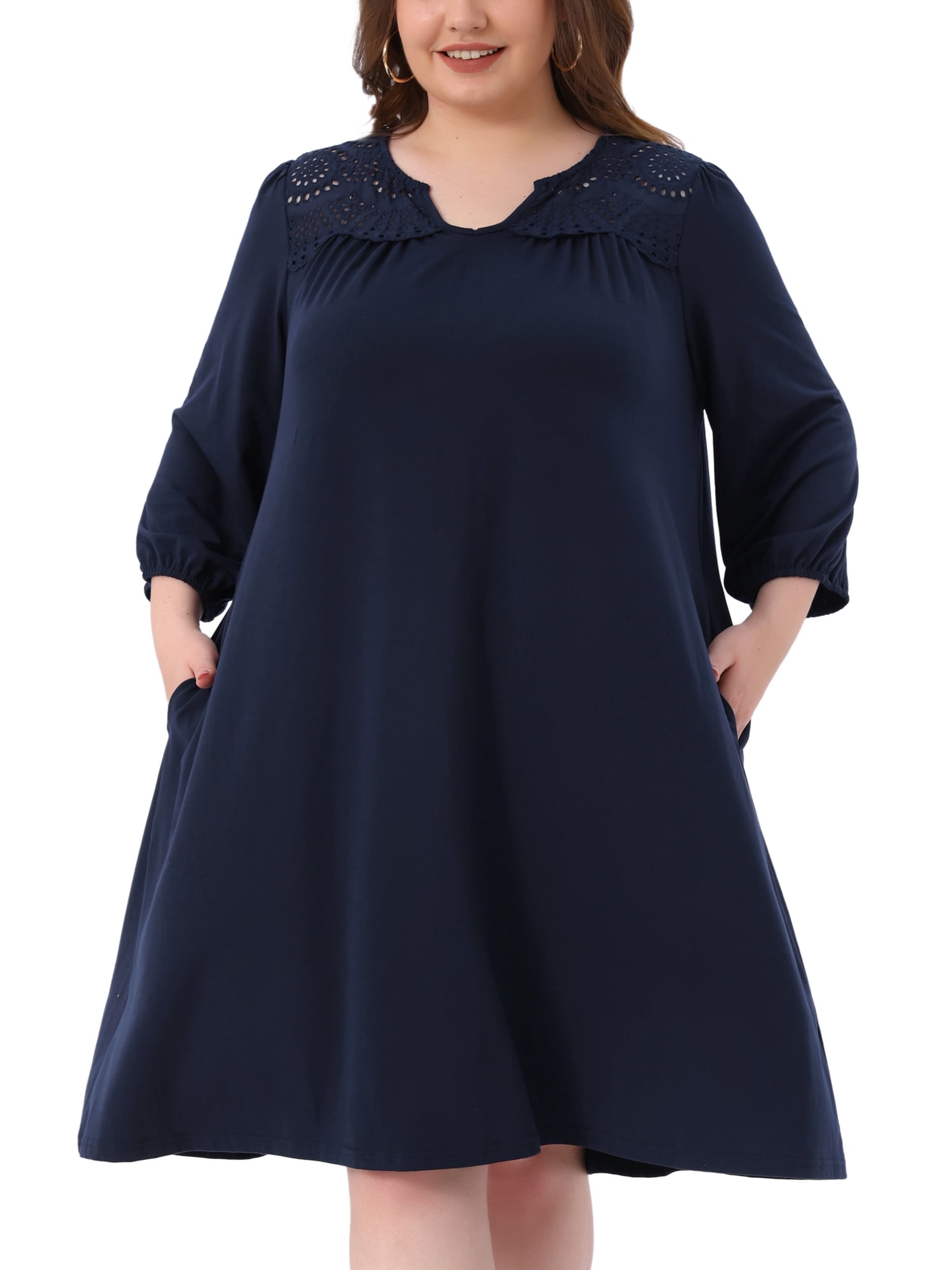 navy blue plus size midi dress Folunsi Women's Plus size Dresses Casual V-Neck Midi Dress Wedding Guest Dress with Pockets Navy Blue-2XL