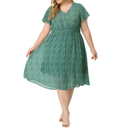 GRACE & GRANDEUR Women's Plus Size Floral Dress Boho Chiffon V Neck Flare Short Sleeves Smocked Waist Summer Midi Dresses 1X Green