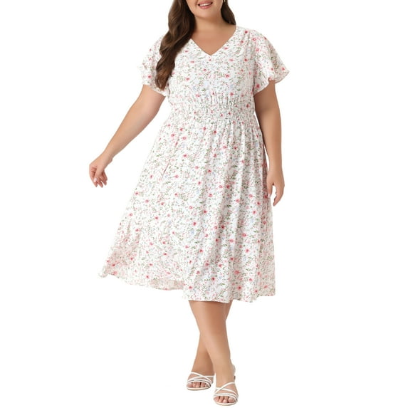 GRACE & GRANDEUR Women's Plus Size Floral Dress Boho Chiffon V Neck Short Sleeve Smocked Summer Midi Dresses 1X White