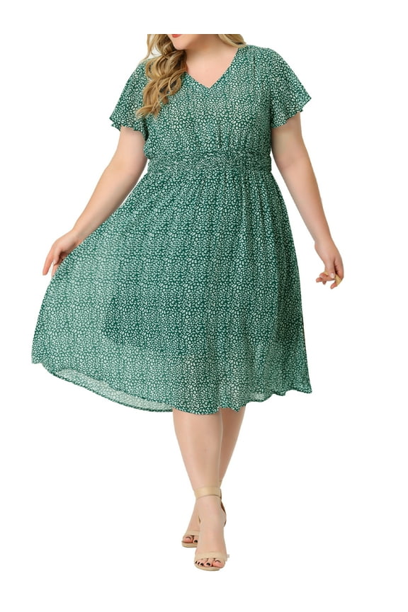 Women's Plus Size Floral Dress Boho Chiffon V Neck Short Sleeve Smocked Summer Midi Dresses 2X Green