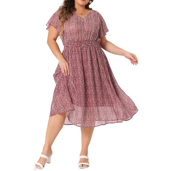 GRACE & GRANDEUR Women's Plus Size Floral Dress Boho Chiffon V Neck Short Sleeve Smocked Summer Midi Dresses 4X Burgundy