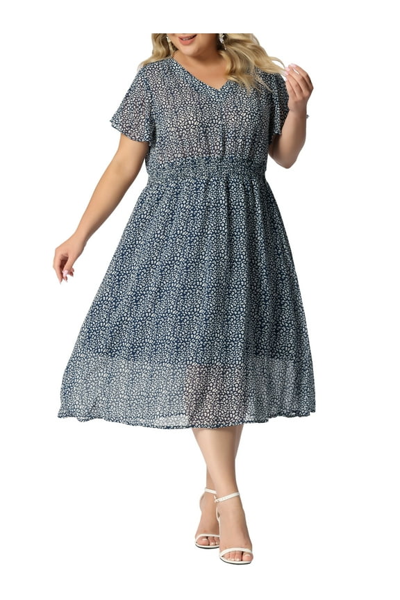 Women's Plus Size Floral Dress Boho Chiffon V Neck Short Sleeve Smocked Summer Midi Dresses 4X Dark Blue