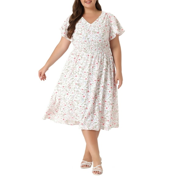 GRACE & GRANDEUR Women's Plus Size Floral Dress Boho Chiffon V Neck Short Sleeve Smocked Summer Midi Dresses 4X White
