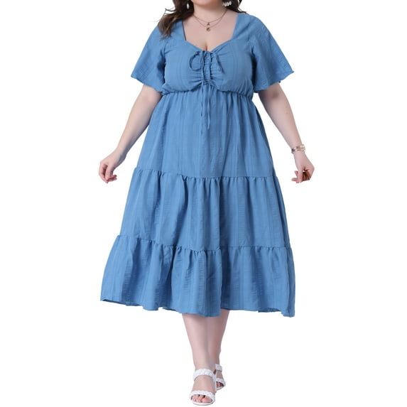 Agnes Orinda Women's Plus Size Summer Dress Sweetheart Neck Ruffle Short Sleeve Tiered A Line Midi Dresses 1X Blue