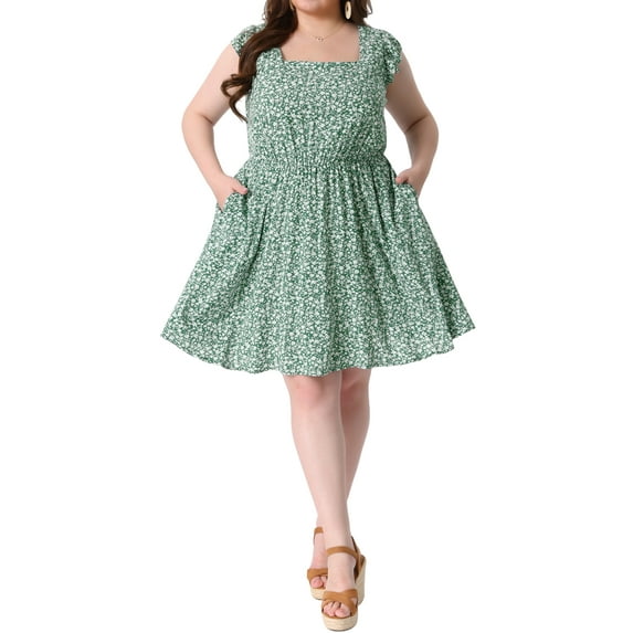 Agnes Orinda Women's Plus Size Summer Dresses Floral Print Tie Back Square Neck Ruffle Short Sleeve Casual Midi Dress with Pocket 1X Light Green