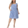 thumbnail image 1 of Agnes Orinda Women's Plus Size Summer Dresses Floral Print Tie Back Square Neck Ruffle Short Sleeve Casual Midi Dress with Pocket 1X Blue, 1 of 6