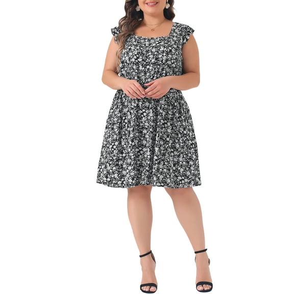 Agnes Orinda Women's Plus Size Summer Dresses Floral Print Tie Back Square Neck Ruffle Short Sleeve Casual Midi Dress with Pocket 2X Black