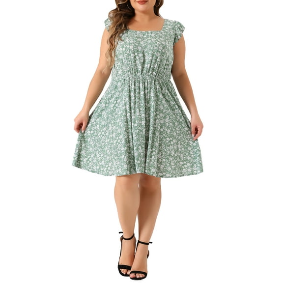 Agnes Orinda Women's Plus Size Summer Dresses Floral Print Tie Back Square Neck Ruffle Short Sleeve Casual Midi Dress with Pocket 2X Green