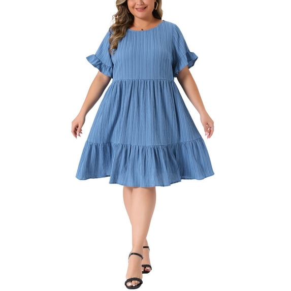Agnes Orinda Women's Plus Size Easter Summer Dresses Texture Ruffle Short Sleeve Tiered Hem Crew Neck Midi Casual A Line Dress 2025 3X Gray Blue