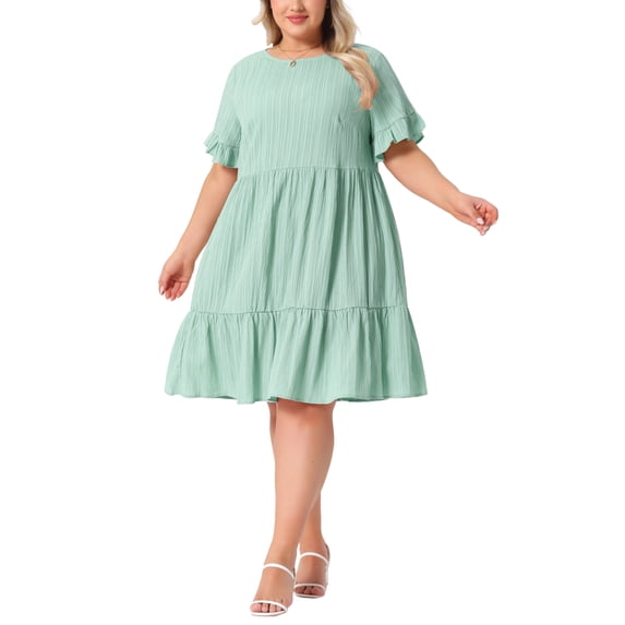 Agnes Orinda Women's Plus Size Summer Dresses Texture Ruffle Short Sleeve Tiered Hem Crew Neck Midi Casual A Line Dress 2025 4X Light Green