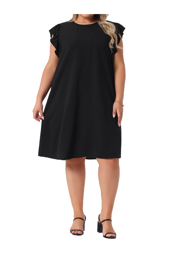 Women's Plus Size Easter Summer Dresses Flutter Sleeve Crew Neck Beach Casual Midi Sundress 2X Black