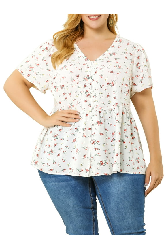 Women's Plus Size Summer Elegant Floral V Neck Peplum Blouse 1X White