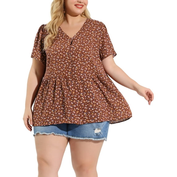 Agnes Orinda Women's Plus Size Summer Elegant Floral V Neck Peplum Blouse 2X Brown