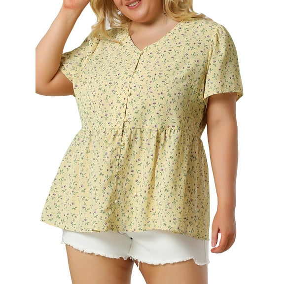 Agnes Orinda Women's Plus Size Summer Elegant Floral V Neck Peplum Blouse 2X Yellow