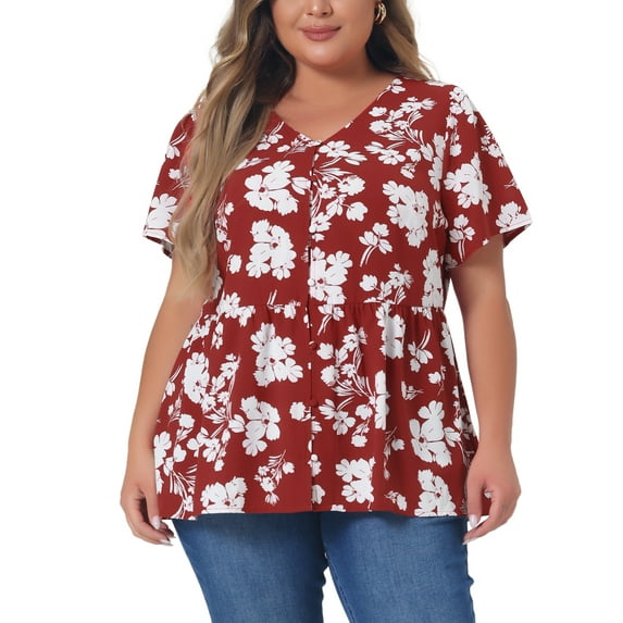 Agnes Orinda Women's Plus Size Summer Elegant Floral V Neck Peplum Blouse 3X Red