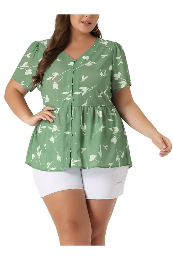 Women's Plus Size Summer Elegant Floral V Neck Peplum Blouse 4X Green