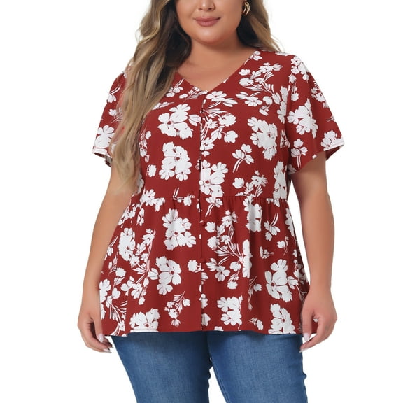 Agnes Orinda Women's Plus Size Summer Elegant Floral V Neck Peplum Blouse 4X Red