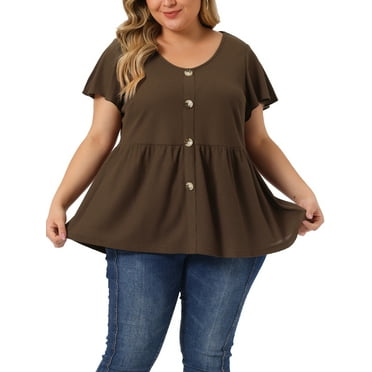Agnes Orinda Women's Plus Size Summer Flare Sleeve Button Front Peplum Shirts 3X Coffee