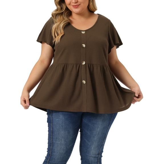 Agnes Orinda Women's Plus Size Summer Flare Sleeve Button Front Peplum Shirts 3X Coffee
