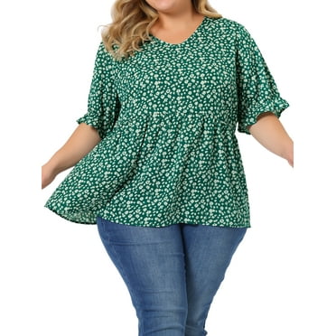 Agnes Orinda Women's Plus Size Floral Ruffle Sleeve Summer Babydoll Blouses 3X Green