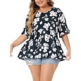 thumbnail image 1 of Agnes Orinda Women's Plus Size V Neck Floral Ruffle Sleeves Summer Babydoll Blouses 3X Navy Blue, 1 of 6
