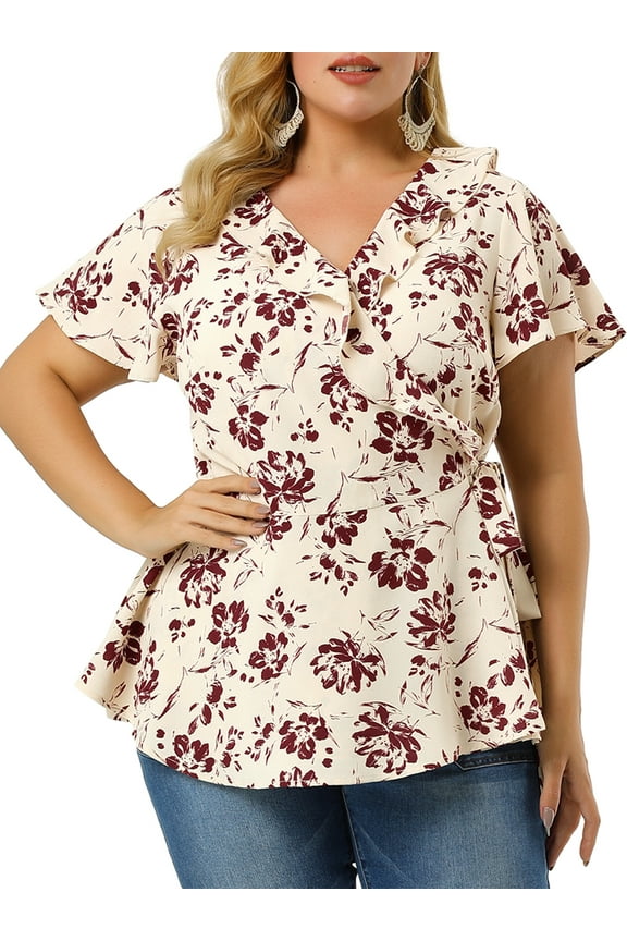 Women's Plus Size Summer Floral Short Sleeve Tie Waist Wrap Blouse