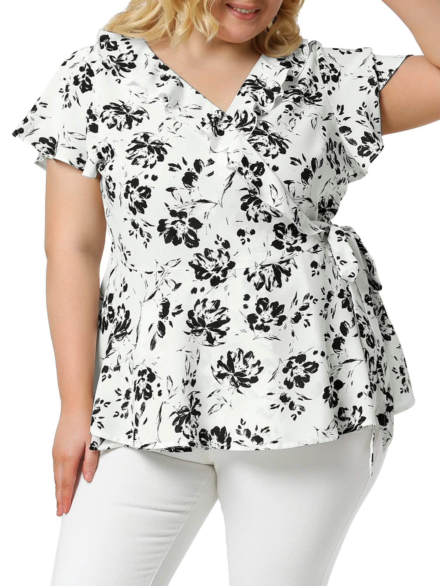 Plus Size Floral Tunic Agnes Orinda Women's Plus Size Floral Tassel Hem Short Sleeves Square Neck Casual Blouses 4X Navy Blue Tie Dye Floral Animal Print Tops