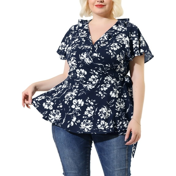 Agnes Orinda Women's Plus Size Summer Floral Short Sleeve Tie Waist Wrap Blouse