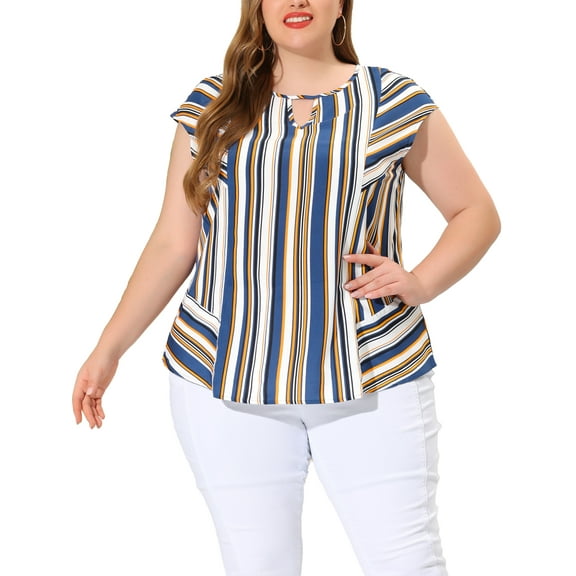 Agnes Orinda Women's Plus Size Summer Keyhole Cap Sleeve Stripe Boho Blouse
