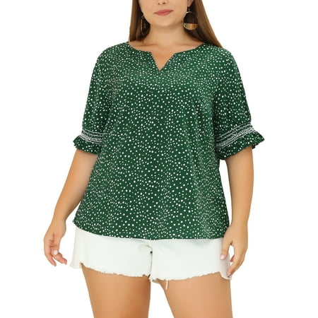 Agnes Orinda Women's Plus Size Blouses Pin Dots V Neck Ruffle Short Sleeve Spring Summer Boho Tops 1X Green