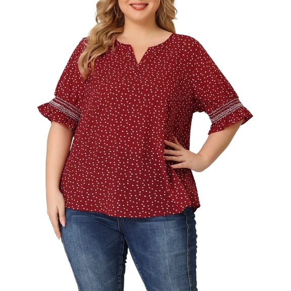 Agnes Orinda Women's Plus Size Blouses Pin Dots V Neck Ruffle Short Sleeve Spring Summer Boho Tops 2X Red