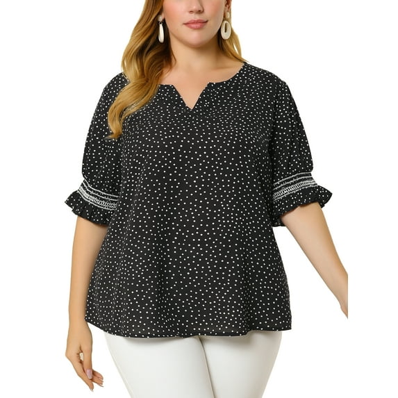Agnes Orinda Women's Plus Size Blouses Pin Dots V Neck Ruffle Short Sleeve Spring Summer Boho Tops 3X Black