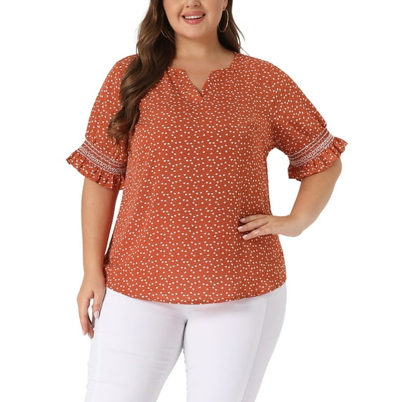 Agnes Orinda Women's Plus Size Blouses Pin Dots V Neck Ruffle Short Sleeve Spring Summer Boho Tops 3X Orange