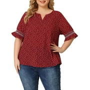 Agnes Orinda Women's Plus Size Blouses Pin Dots V Neck Ruffle Short Sleeve Spring Summer Boho Tops 3X Red