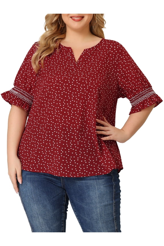 Women's Plus Size Blouses Pin Dots V Neck Ruffle Short Sleeve Spring Summer Boho Tops 3X Red