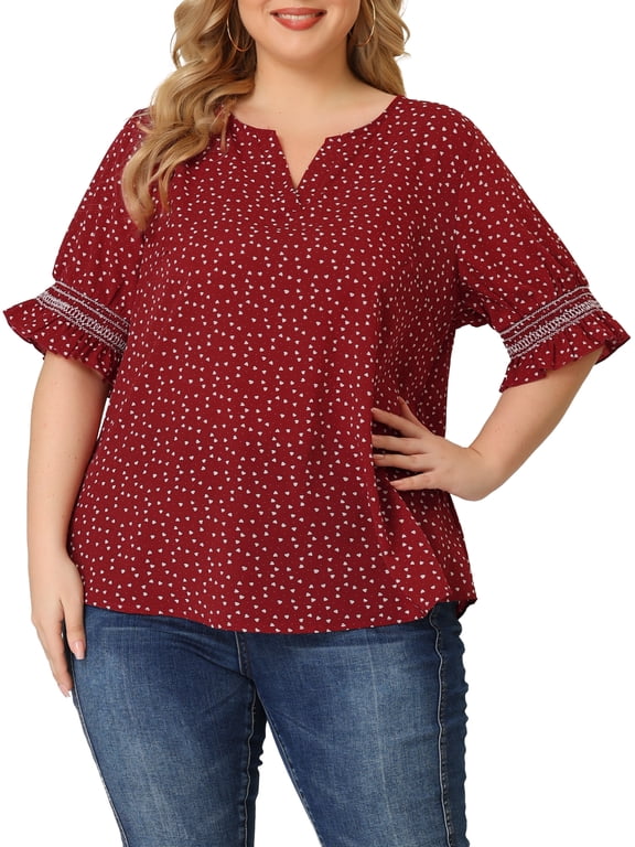 Women's Plus Size Blouses Pin Dots V Neck Ruffle Short Sleeve Spring Summer Boho Tops 3X Red