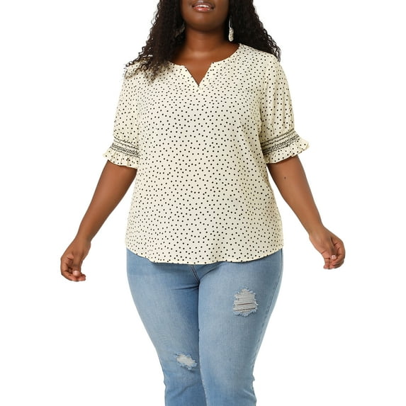 Agnes Orinda Women's Plus Size Blouses Pin Dots V Neck Ruffle Short Sleeve Spring Summer Boho Tops 3X White