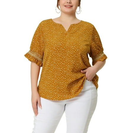 Agnes Orinda Women's Plus Size Blouses Pin Dots V Neck Ruffle Short Sleeve Spring Summer Boho Tops 3X Yellow
