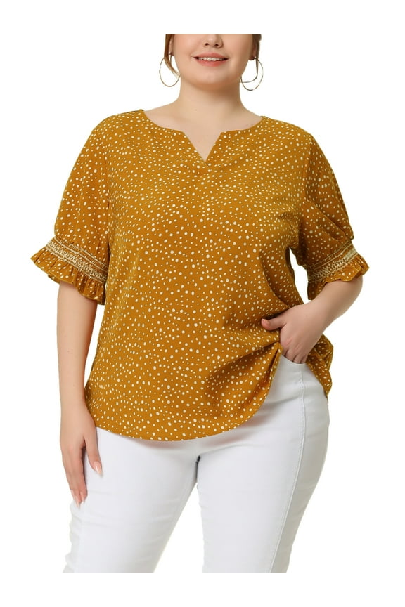 Women's Plus Size Blouses Pin Dots V Neck Ruffle Short Sleeve Spring Summer Boho Tops 3X Yellow