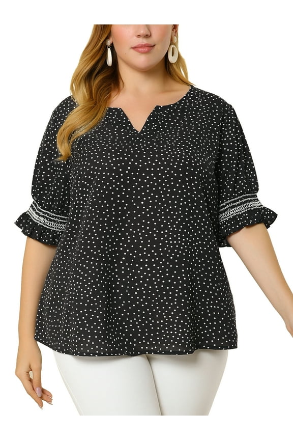 Women's Plus Size Blouses Pin Dots V Neck Ruffle Short Sleeve Spring Summer Boho Tops 4X Black