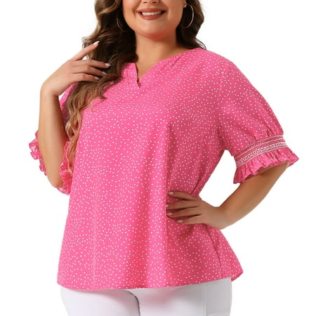 Agnes Orinda Women's Plus Size Blouses Pin Dots V Neck Ruffle Short Sleeve Spring Summer Boho Tops 4X Hot Pink