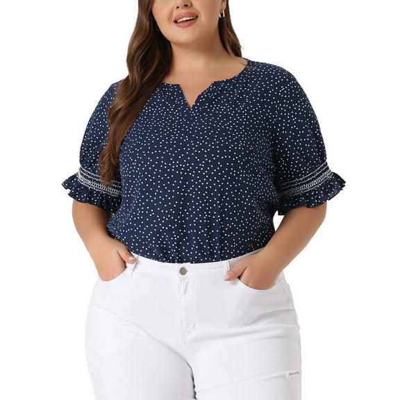 Agnes Orinda Women's Plus Size Blouses Pin Dots V Neck Ruffle Short Sleeve Spring Summer Boho Tops 4X Navy Blue